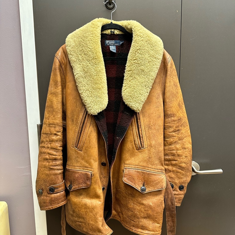 Vintage Ralph Lauren Brown Leather Jacket with Cream Shearling Collar